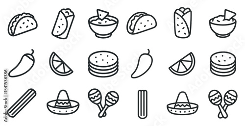 Mexican food outline icons set – flat, line, taco and cuisine symbols