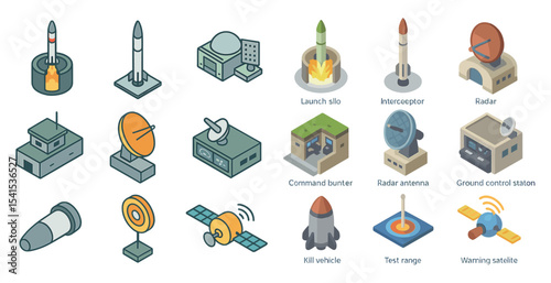 Space exploration isometric icons set – satellite, rocket, mission symbols