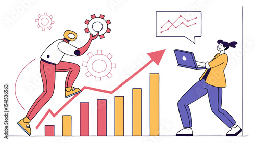 Illustration of a robot and a person working together to improve business and financial growth graph
