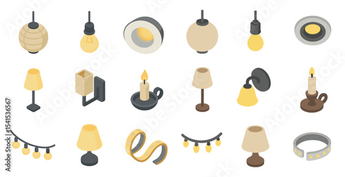 Home lighting isometric icons set – lamps, bulbs, and illumination symbols