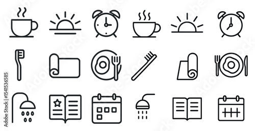 Morning routine line icons set – outline, linear, daily habits and morning activities