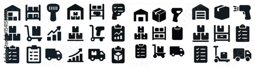 Warehouse and logistics solid icons set – filled, supply chain and inventory symbols