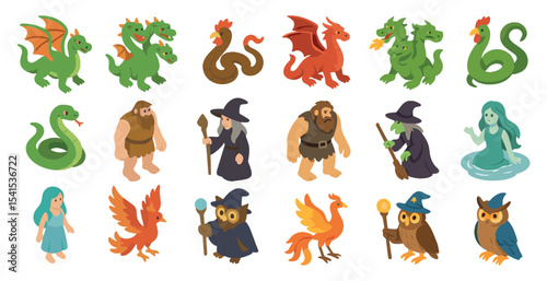 Fantasy creatures icons set – isometric, mythical, enchanted symbols collection