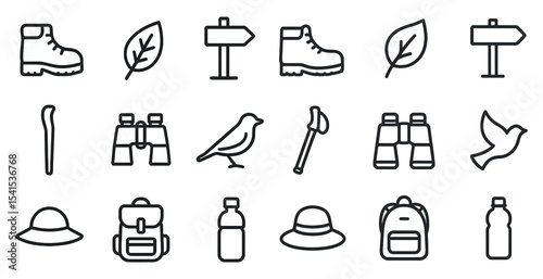 Outdoor adventure icons set – outline, hiking, camping, nature symbols
