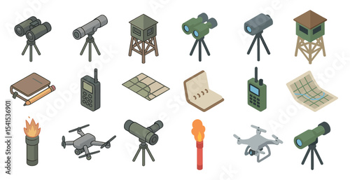 Camping and exploration icons set - isometric, adventure, outdoor essentials