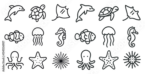 Marine life outline icons set – aquatic, sea, ocean creatures symbols