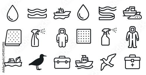 Marine and cleaning outline icons set – linear, vector, nautical and hygiene symbols