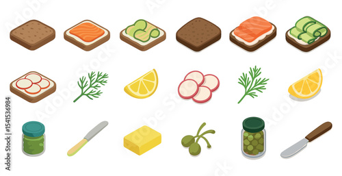 Food and kitchen elements isometric icons set – ingredients, cooking, culinary items