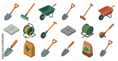 Gardening tools isometric icons set – flat, 3d, landscaping and horticulture symbols