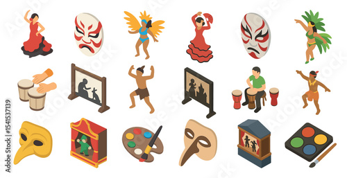 Cultural and art isometric icons set – 3d, outline, festival and heritage symbols