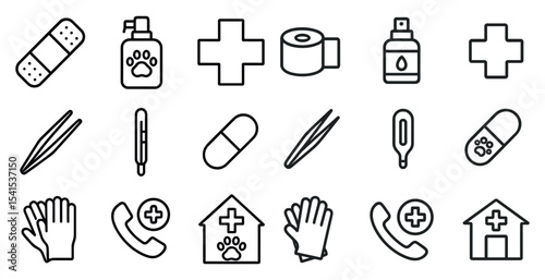 Pet care and veterinary outline icons set – linear, silhouette, animal health symbols