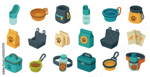 Pet supplies isometric icons set – 3d, animals, care essentials graphics