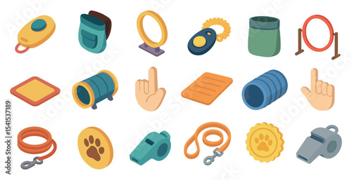 Pet training 3d icons set – agility, obedience, dog care symbols