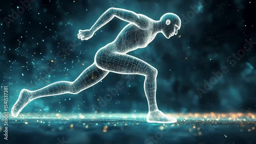 Digital person representation running through sparkling data. Concept of futuristic technology, artificial intelligence, and human innovation footage.