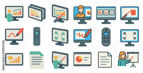 Virtual presentation icons set – flat, filled, online meeting and teaching symbols