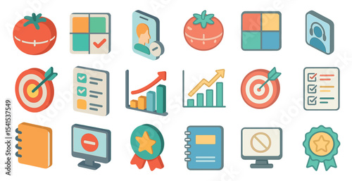 Business success and planning 3d icons set – charts, growth and target symbols