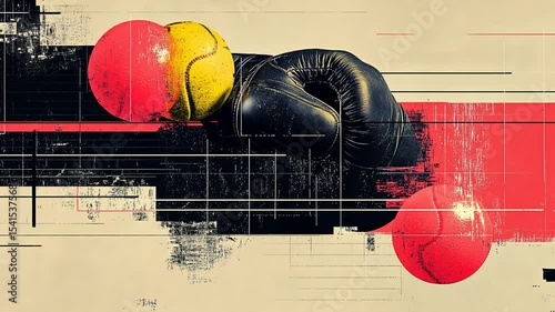 Black boxing glove with yellow ball on abstract background. Combat sport, challenge, strength concept, powerful struggle footage.