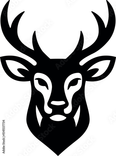Stylized Silhouette of Deer Head with Antlers in Black and White Design.