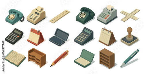 Retro office equipment icons set – isometric, vintage, classic tech symbols