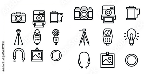 Photography equipment icons set – outline, linear camera and gadget symbols