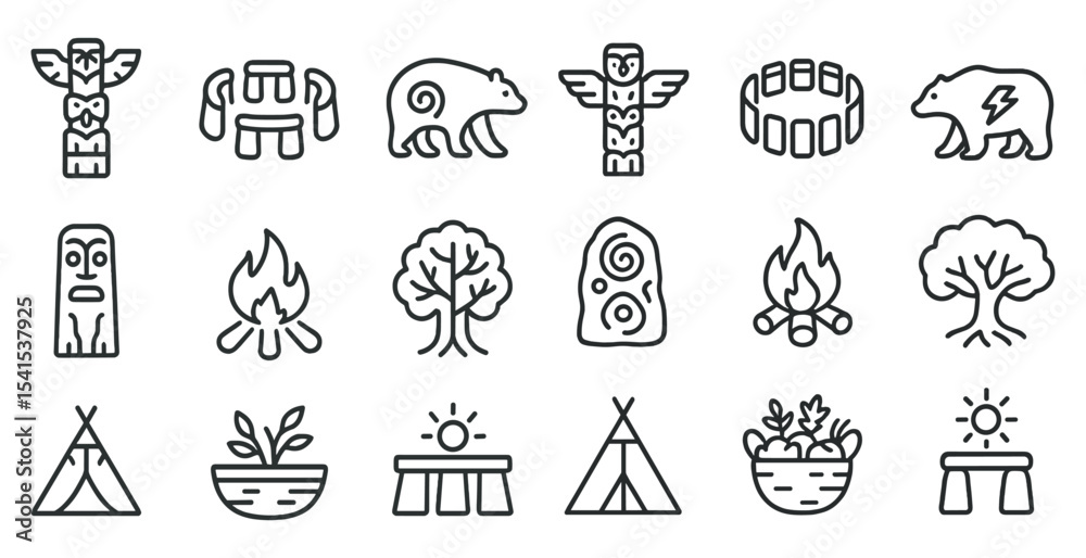 Fototapeta premium Native american line icons set – cultural, tribal, indigenous symbols collection