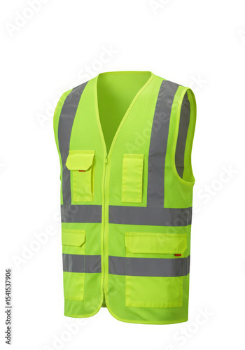 High visibility safety vest in bright yellow provides increased protection for workers, isolated.