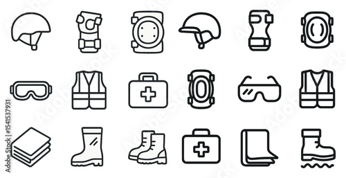 Safety equipment line icons set – outline, linear, protective gear and tools