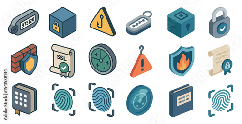 Cybersecurity and privacy icons set – isometric, secure, protection symbols