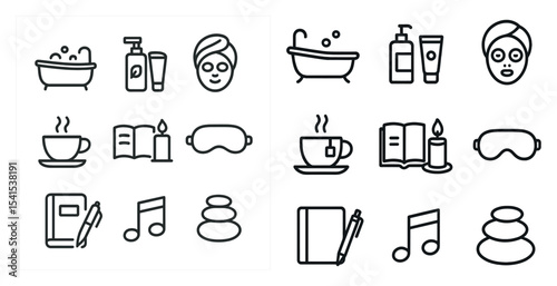 Relaxation and spa line icons set – minimalist, outline, wellness and self-care symbols