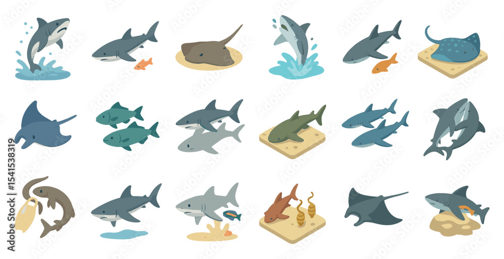 Fototapeta premium Marine life flat icons set – ocean, aquatic, sea animal graphics collection