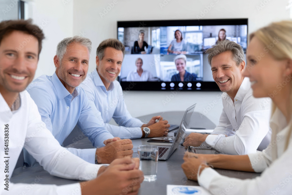 Obraz premium Business professionals engage in a video conference meeting with remote colleagues