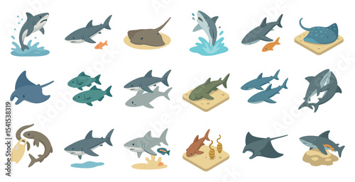 Marine life flat icons set – ocean, aquatic, sea animal graphics collection