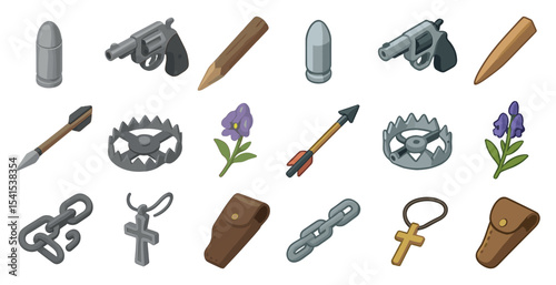 Weapons and defense icons set – isometric, tactical, combat symbols collection