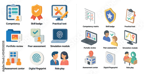 Education and skills flat icons set – learning, certification, training visuals