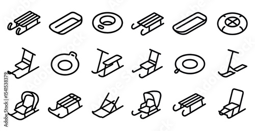 Winter sledding line icons set – outline, linear, snow and sleigh symbols
