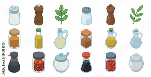 Kitchen condiments isometric icons set – herbs, spices, cooking essentials