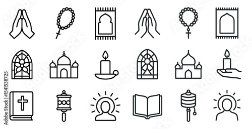 Religion and faith line icons set – outline, spiritual, worship symbols collection