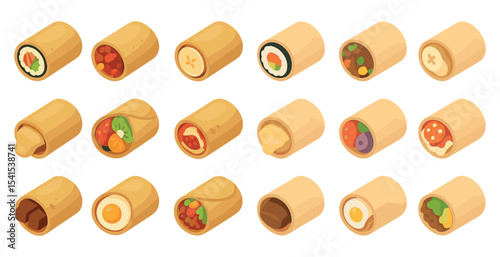 Food and breakfast icons set – isometric, filled, meal and snack symbols