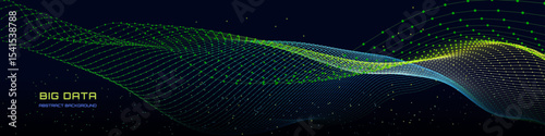 Abstract technology background with wavy color grid in dark blue. Analytics data algorithms. Computing concept. Big Data. Banner for business, science and technology.