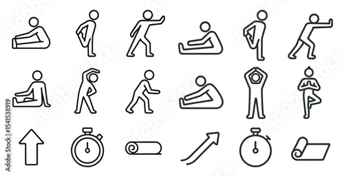 Fitness and exercise outline icons set – linear, silhouette, workout symbols