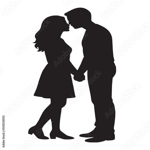 Silhouette Serenade: A couple in silhouette share a tender moment, their hands clasped as they lean in, poised for a loving kiss. An enchanting depiction of romantic connection.