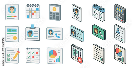 Business and office isometric icons set – calendar, profile, document symbols