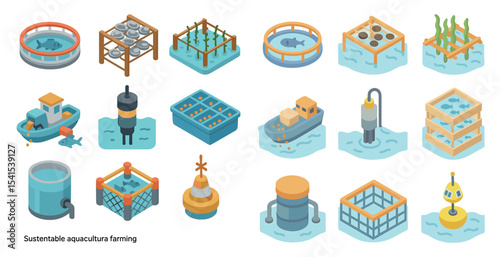 Aquaculture farming isometric icons set – marine, fishery, sustainable design symbols