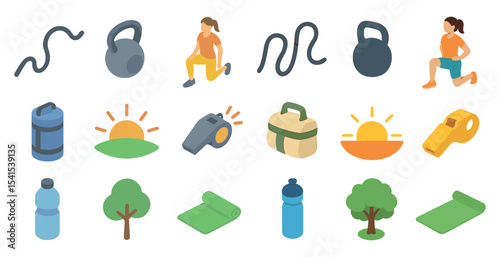 Fitness and exercise icons set – isometric, workout, health and gym symbols