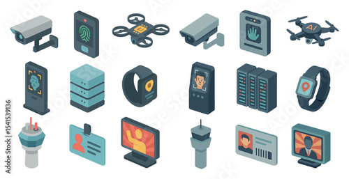 Security and surveillance isometric icons set – monitoring, technology, protection symbols