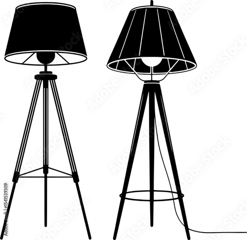 black and white silhouette of tripod floor lamp with cone shade, modern vintage lighting mascot, ideal for home and decor designs