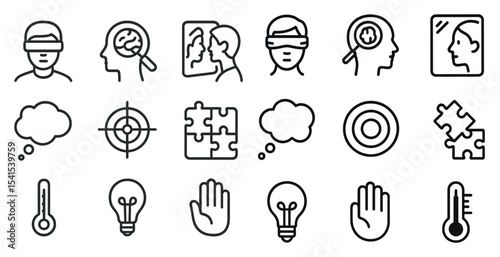 Psychology and mind icons set – outline, linear, cognitive and therapy symbols
