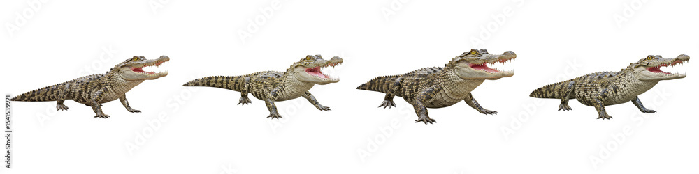 Naklejka premium Predatory March: An intimidating display of four realistic crocodile creatures, with open mouths, as they move forward, ready to hunt, with a dramatic effect.