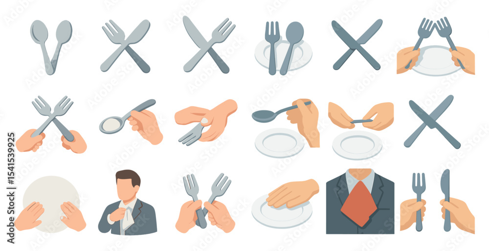 Fototapeta premium Dining etiquette flat icons set – table manners, utensils, hand gestures