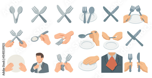 Dining etiquette flat icons set – table manners, utensils, hand gestures